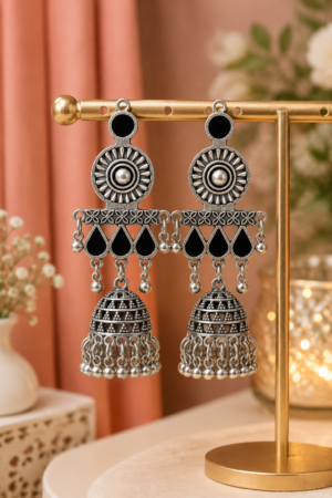 Silver Finish Oxidised Jhumka Earrings Silver finish oxidised jhumka earrings with jhumka drops