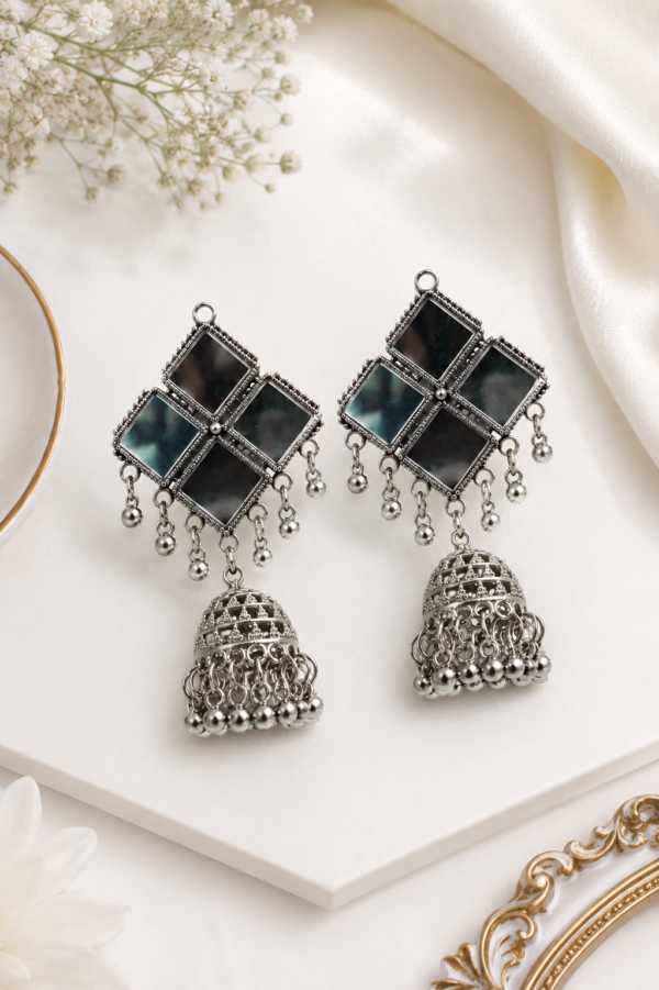 Designer Mirror Jhumka Earrings Designer mirror earrings with silver tone jhumka detailing
