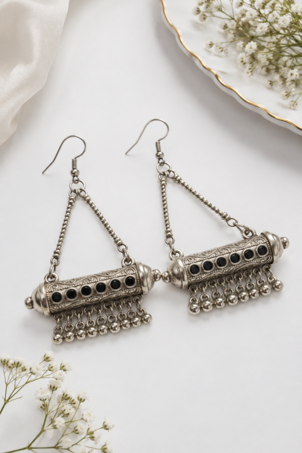 Long Silver Tone Black Detail Drop Earrings Long silver tone drop earrings with black circular detailing