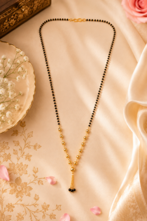 Designer black beaded mangalsutra with gold-tone Y-shaped detailing