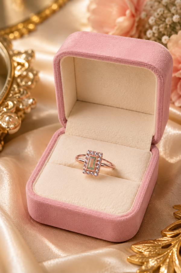 Rectangular Green Stone Ring Rectangular green stone ring with clear sparkling-looking border detailing