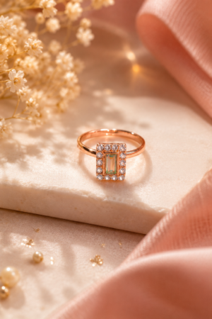 Green rectangle stone rose gold finish ring with decorative border