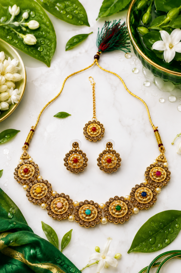 Gold Finish Multicolor Floral Necklace Gold finish multicolor floral necklace with pearl-like bead accents
