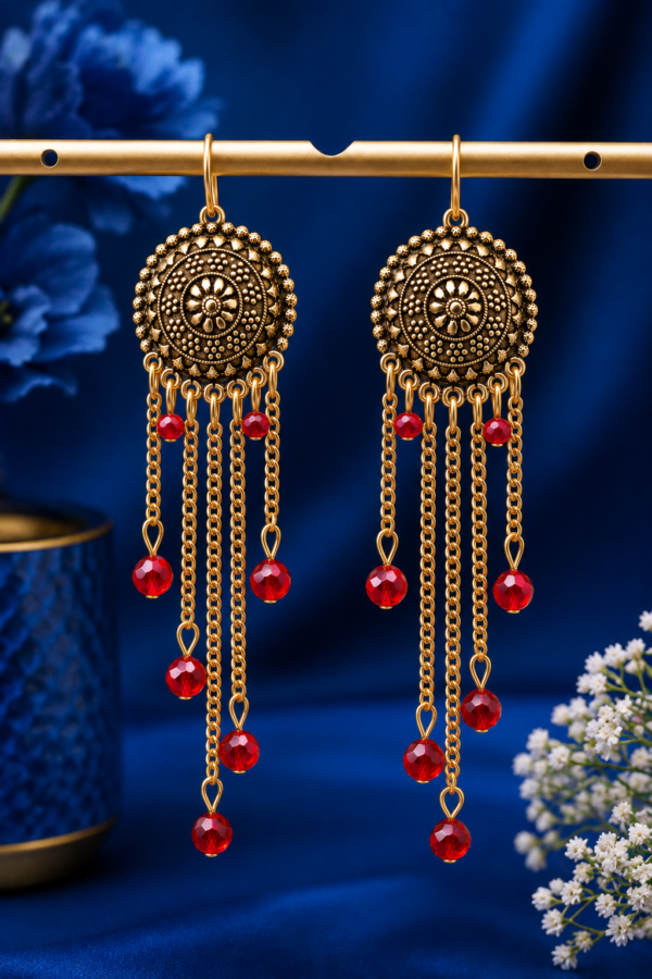 Antique Style Red Beaded Earrings Antique style earrings with red beads and circular decorative top