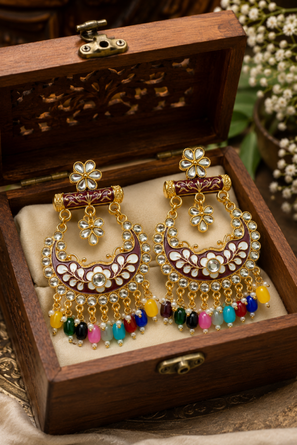 Maroon Floral Chandbali Earrings Maroon floral chandbali earrings with colourful hanging beads