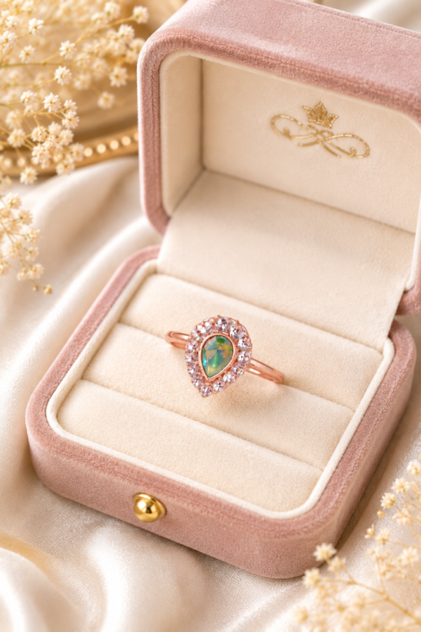Teardrop Green Centre Ring Teardrop green centre ring with detailed clear stone-like border