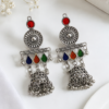 Multicolor oxidized jhumka earrings with blue orange green and red detailing