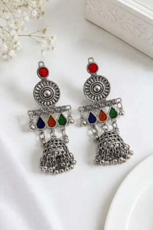 Multicolor oxidized jhumka earrings with blue orange green and red detailing