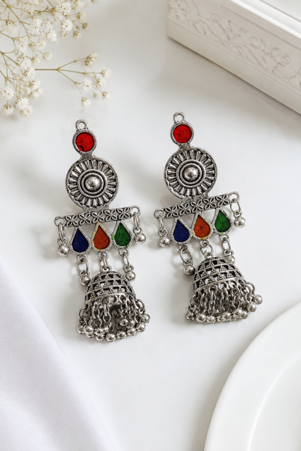 Multicolor oxidized jhumka earrings with blue orange green and red detailing