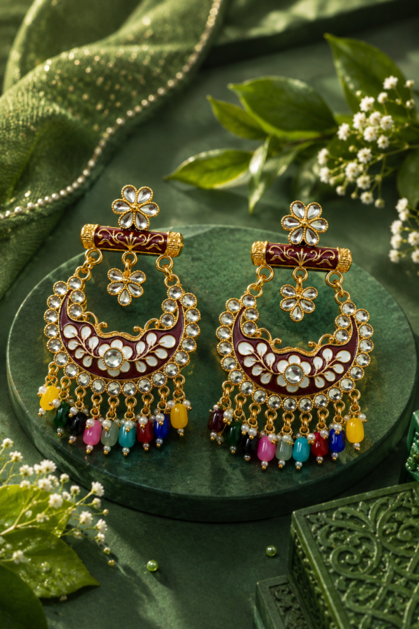 Gold Tone Multicolour Ethnic Earrings Gold tone ethnic earrings with multicolour bead hanging details