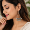 Designer Silver Tone Ethnic Drop Earrings Designer ethnic-inspired earrings with silver tone finish and black accents