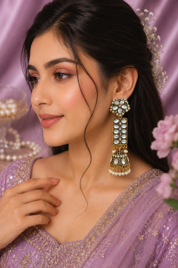 Statement ethnic earrings designed with an elongated silhouette and traditional jhumka bottom. Designer long earrings with white stone-style jhumka detailing