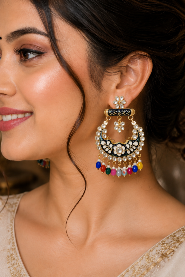 Black Floral Chandbali Earrings with Colourful Beads Black floral chandbali earrings with multicolour beads