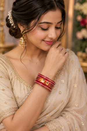 Maroon lac bangles with golden green and red decorative detailing