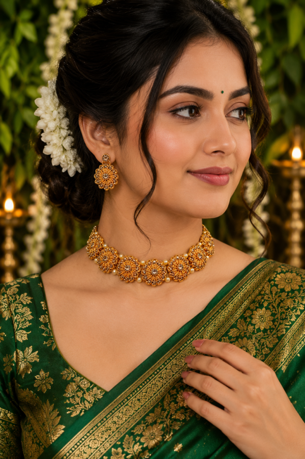 Floral Gold-Tone Necklace with Earrings Floral gold-tone necklace with decorative stone-like detailing and matching earrings