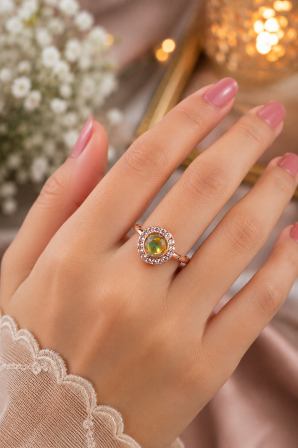 Round Green Stone Ring with Sparkling Border Round green ring with clear sparkling decorative details
