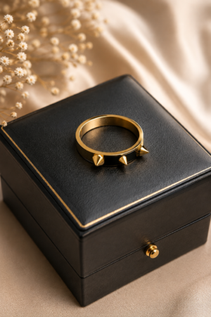 Men's gold finish spike ring with black centre detailing