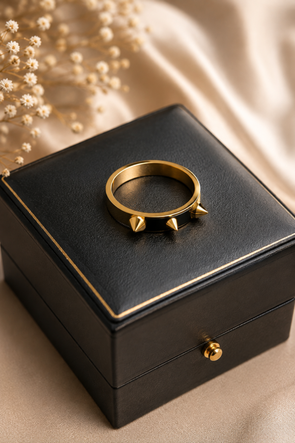 Bold men's gold finish spike ring with modern black detailing Men's gold finish spike ring with black centre detailing