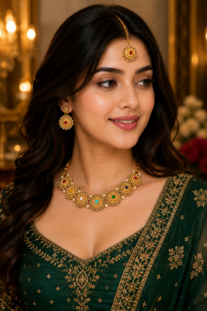 Multicolor floral necklace set with matching earrings and maang tikka