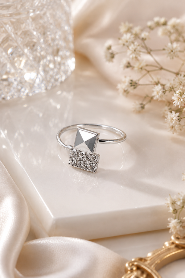 Silver Tone Designer Square Ring Silver tone designer ring with square centre for women