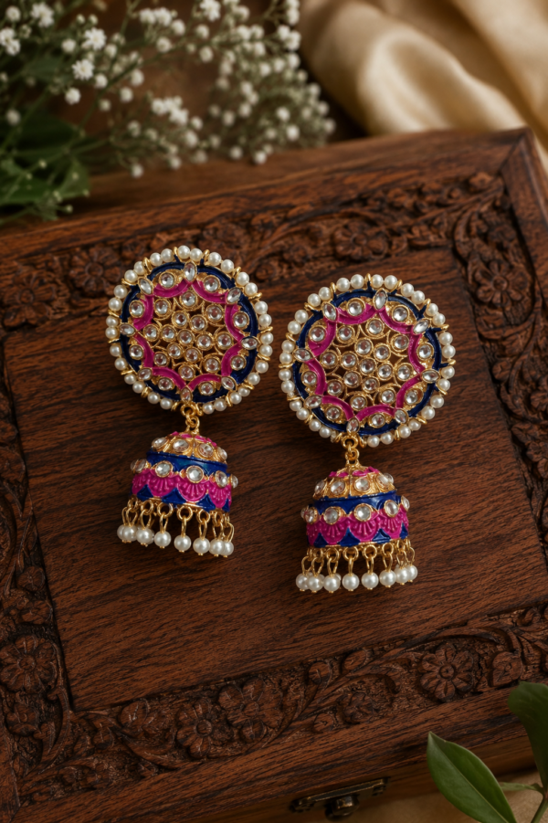Pearl detail jhumka earrings with blue and pink patterns