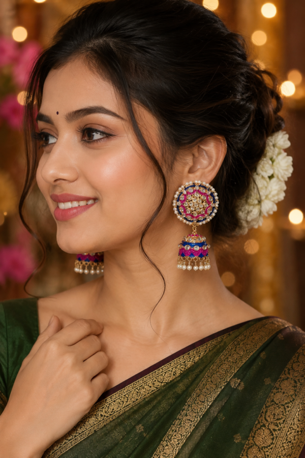 Traditional blue pink jhumka earrings with dome design
