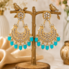 Turquoise Chandbali Earrings with gold-tone detailing and bead drops