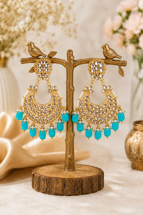 Turquoise Chandbali Earrings with gold-tone detailing and bead drops