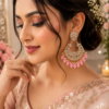 Pink Beaded Chandbali Earrings Pink beaded chandbali earrings with gold tone design