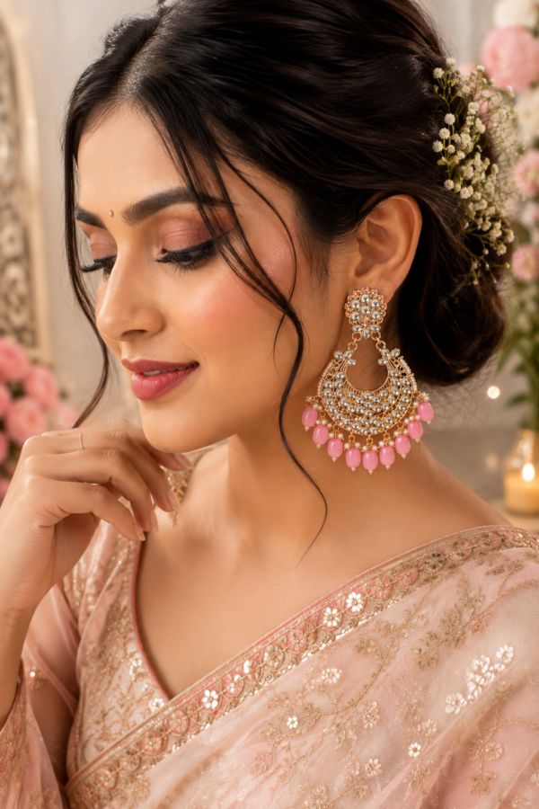 Pink Beaded Chandbali Earrings Pink beaded chandbali earrings with gold tone design