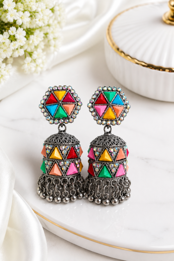 Traditional Multicolour Bell Jhumka Earrings Traditional multicolour bell-shaped jhumka earrings with dangling details