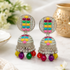 Colourful dome jhumka earrings with pink green yellow and blue accents