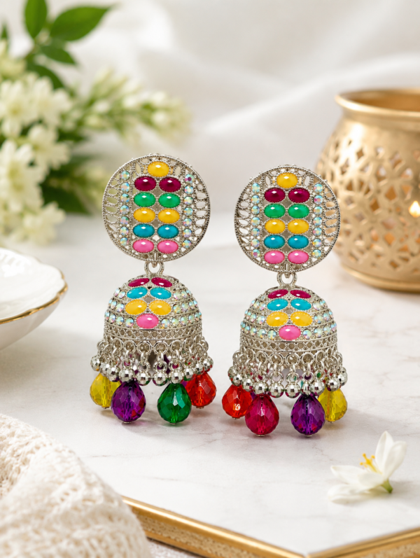 Colourful dome jhumka earrings with pink green yellow and blue accents