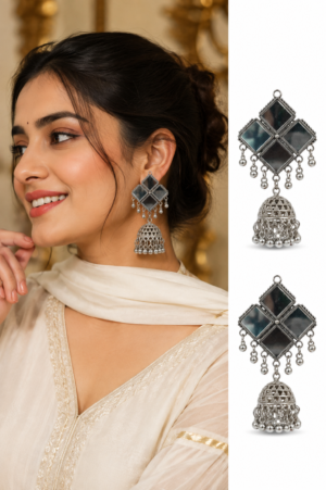 Mirror Jhumka Earrings Geometric Design Mirror jhumka earrings with geometric square reflective design