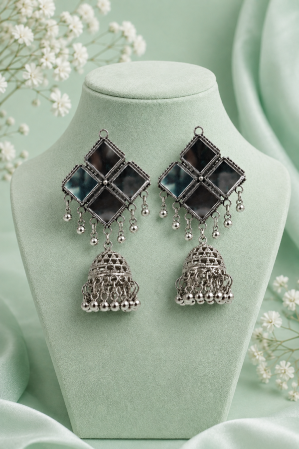 Geometric Reflective Jhumka Earrings Geometric jhumka earrings with reflective dark mirror panels