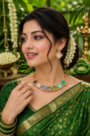 Multicolor necklace set with matching earrings in pink green blue and purple tones
