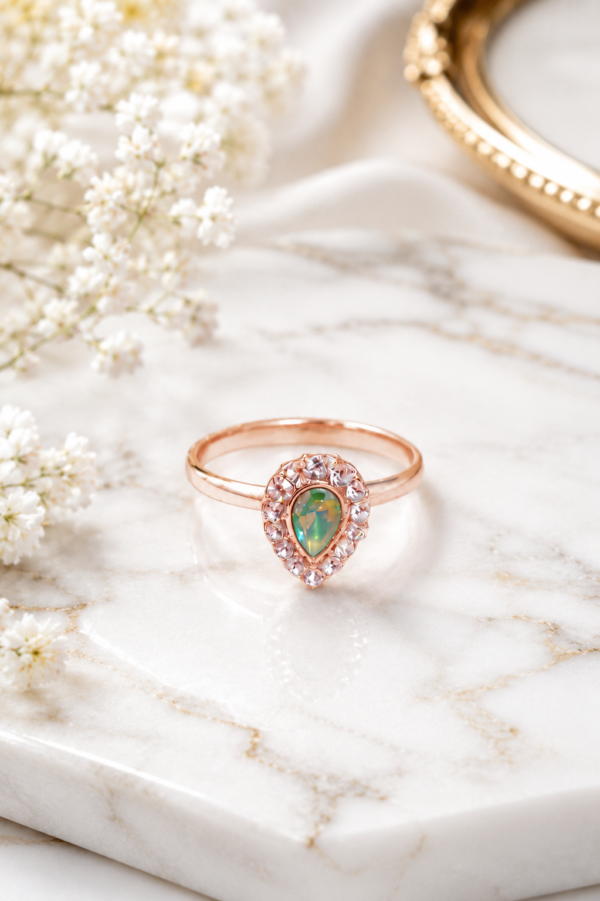 Rose Gold Tone Green Teardrop Ring Rose gold tone ring with green teardrop stone and floral inspired detailing