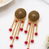 Long Red Hanging Earrings for Women Long red hanging earrings with cascading gold-tone chains