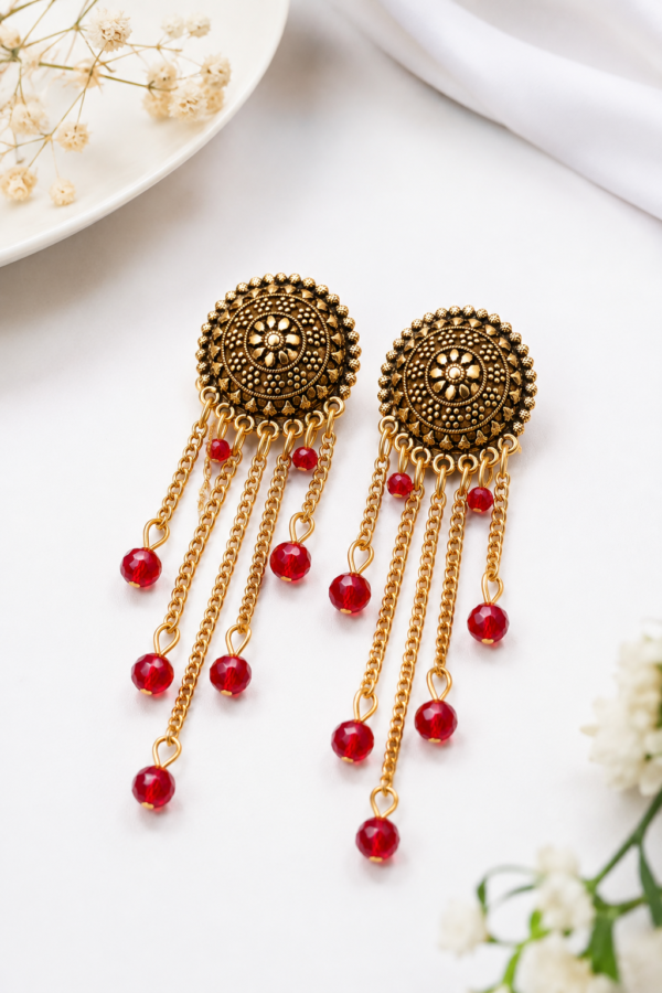 Long Red Hanging Earrings for Women Long red hanging earrings with cascading gold-tone chains