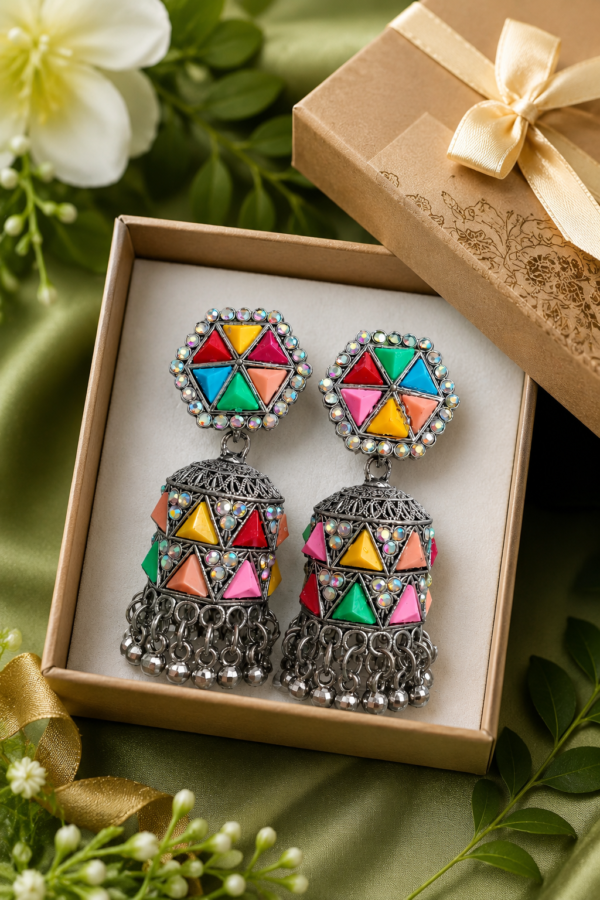 Colourful Oxidised Jhumka Earrings Colourful oxidised jhumka earrings with red green yellow and blue details