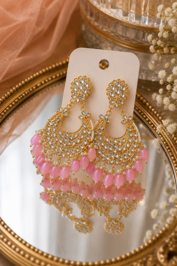 Designer Gold Tone Chandbali Earrings Designer gold tone chandbali earrings for women with pink beads