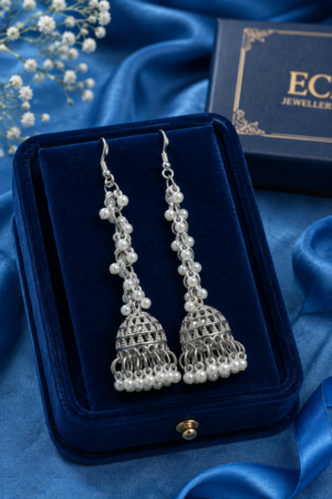 Pearl Jhumka Earrings Silver Tone Design Pearl jhumka earrings with white bead detailing and silver-tone finish
