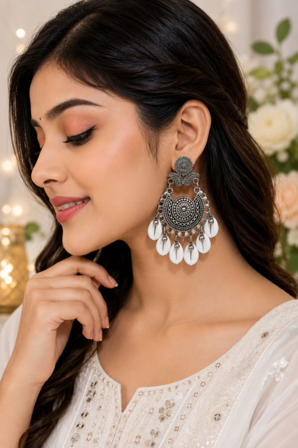 Oxidised silver earrings with white shell-shaped drops