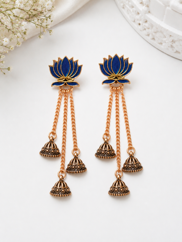 Dark Blue Lotus Flower Jhumka Earrings Dark blue lotus flower earrings with traditional jhumka drops