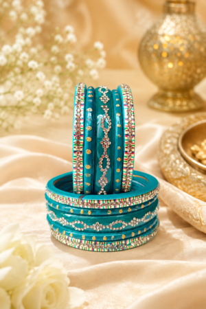 Designer turquoise bangles with intricate festive embellishments