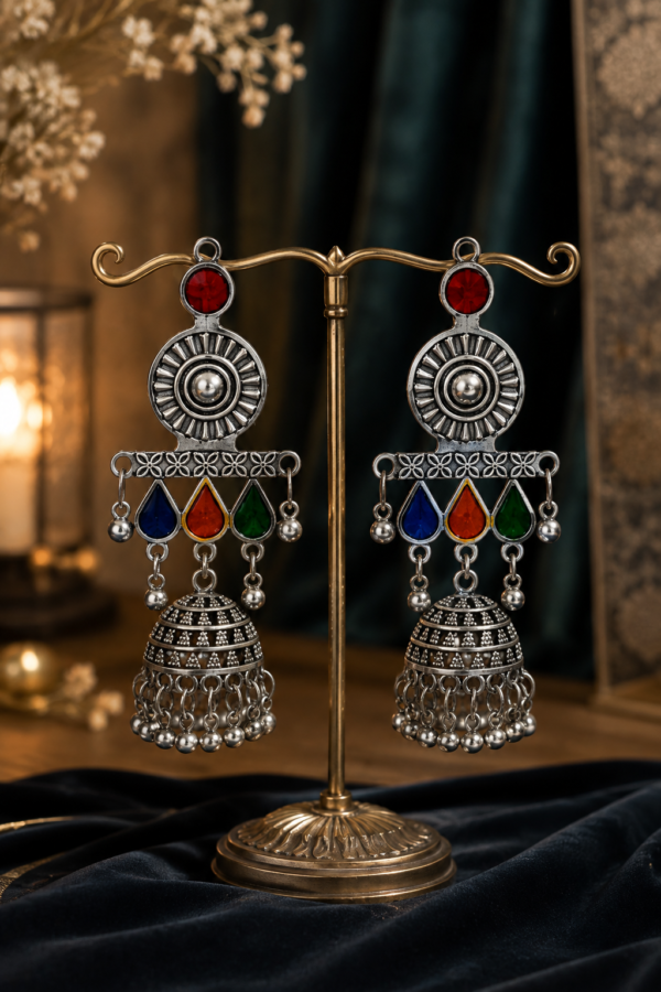 Designer oxidized jhumka earrings with colorful teardrop details