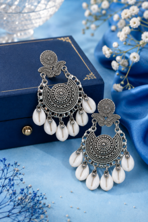 Silver Finish Oxidised Floral Shell Earrings Silver finish oxidised floral shell drop earrings