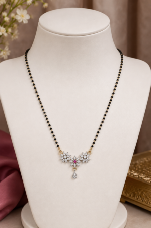 Floral stone mangalsutra with black beads and designer pendant