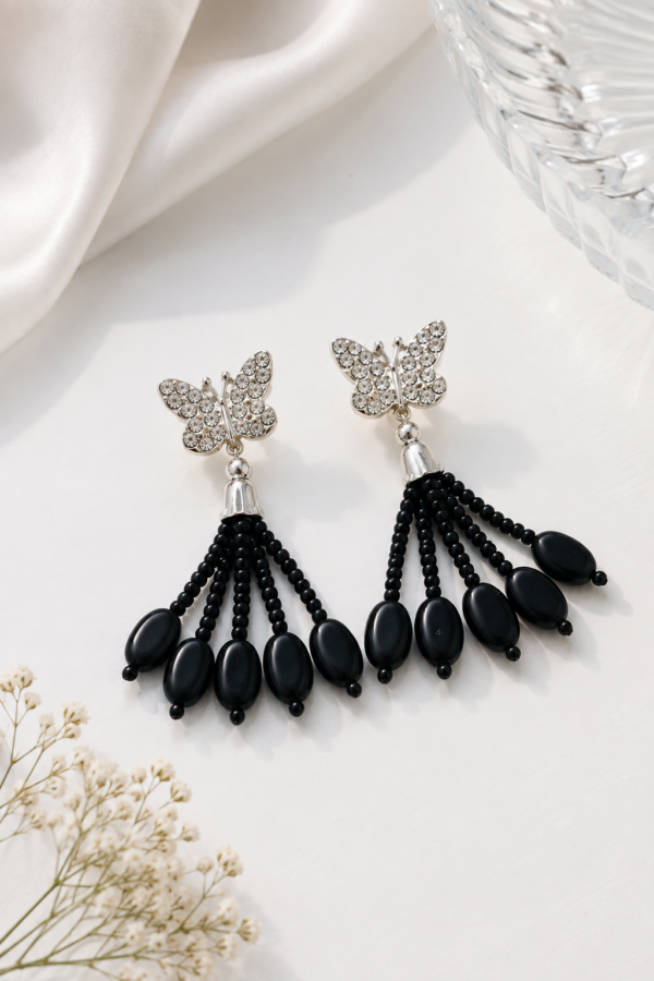 Long Black Beaded Butterfly Earrings Long black beaded butterfly earrings for women