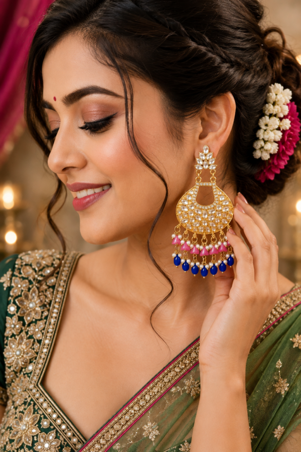 Multicolor Jhumka Earrings with blue and pink hanging beads